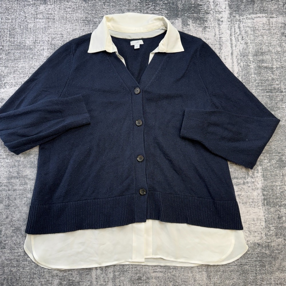 J Jill Cardigan Womens Large Navy Layered Polo Button Front Knit Career Casual